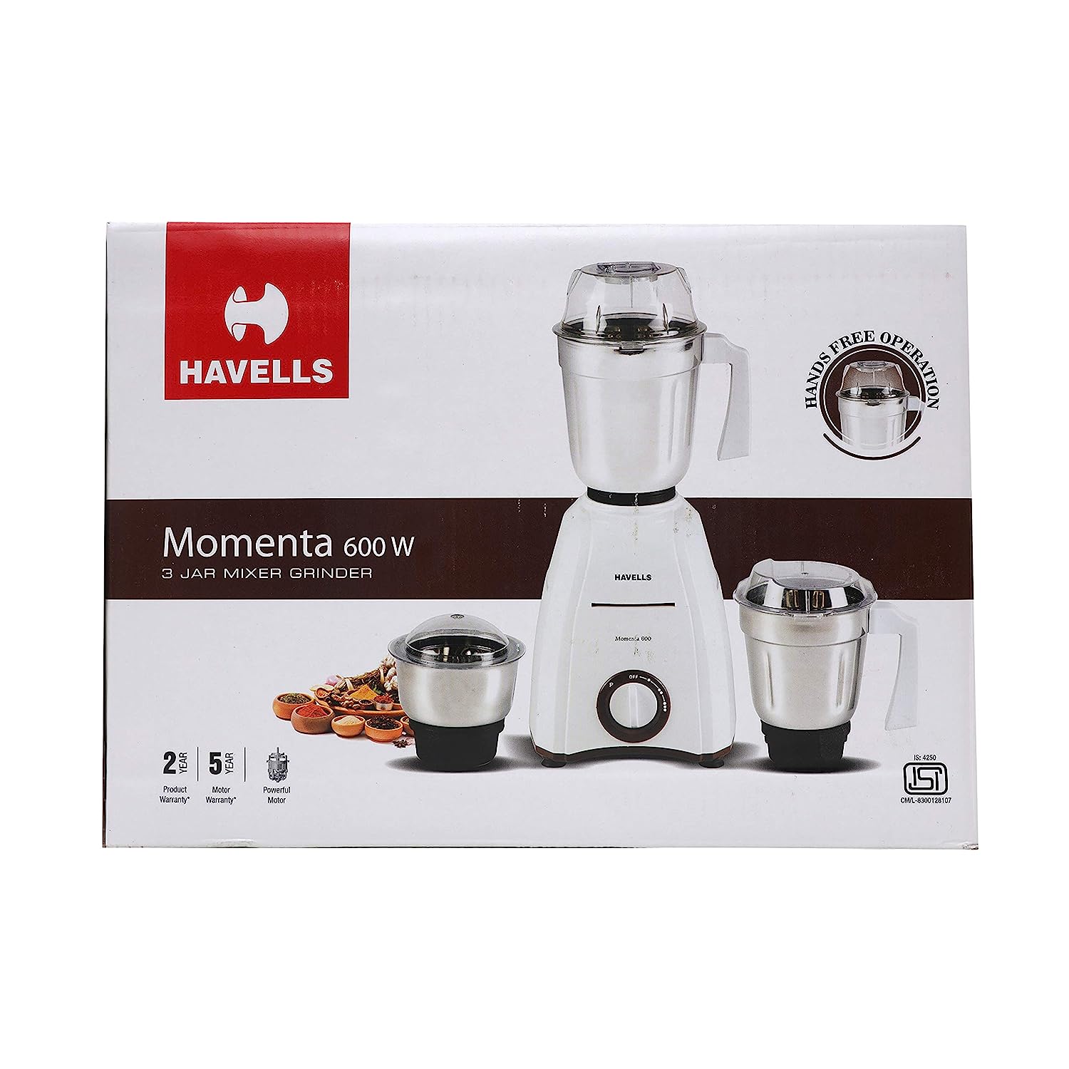 Havells Momenta Mixer Grinder with Stainless Steel Blades, 600W (White)