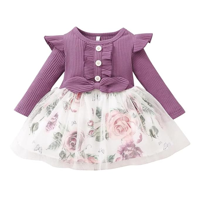 OMLI Baby Girl Dress Toddler Dress Long Sleeve Infant Casual Dress Ruffle Print 