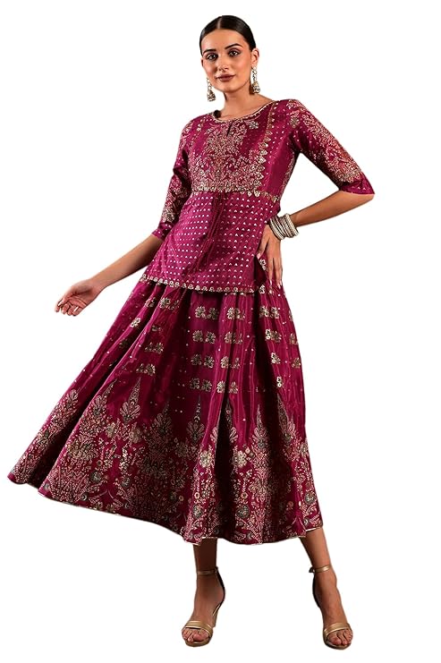 W for Woman Floral Printed A-Line Ankle Length Duo Dress for Women